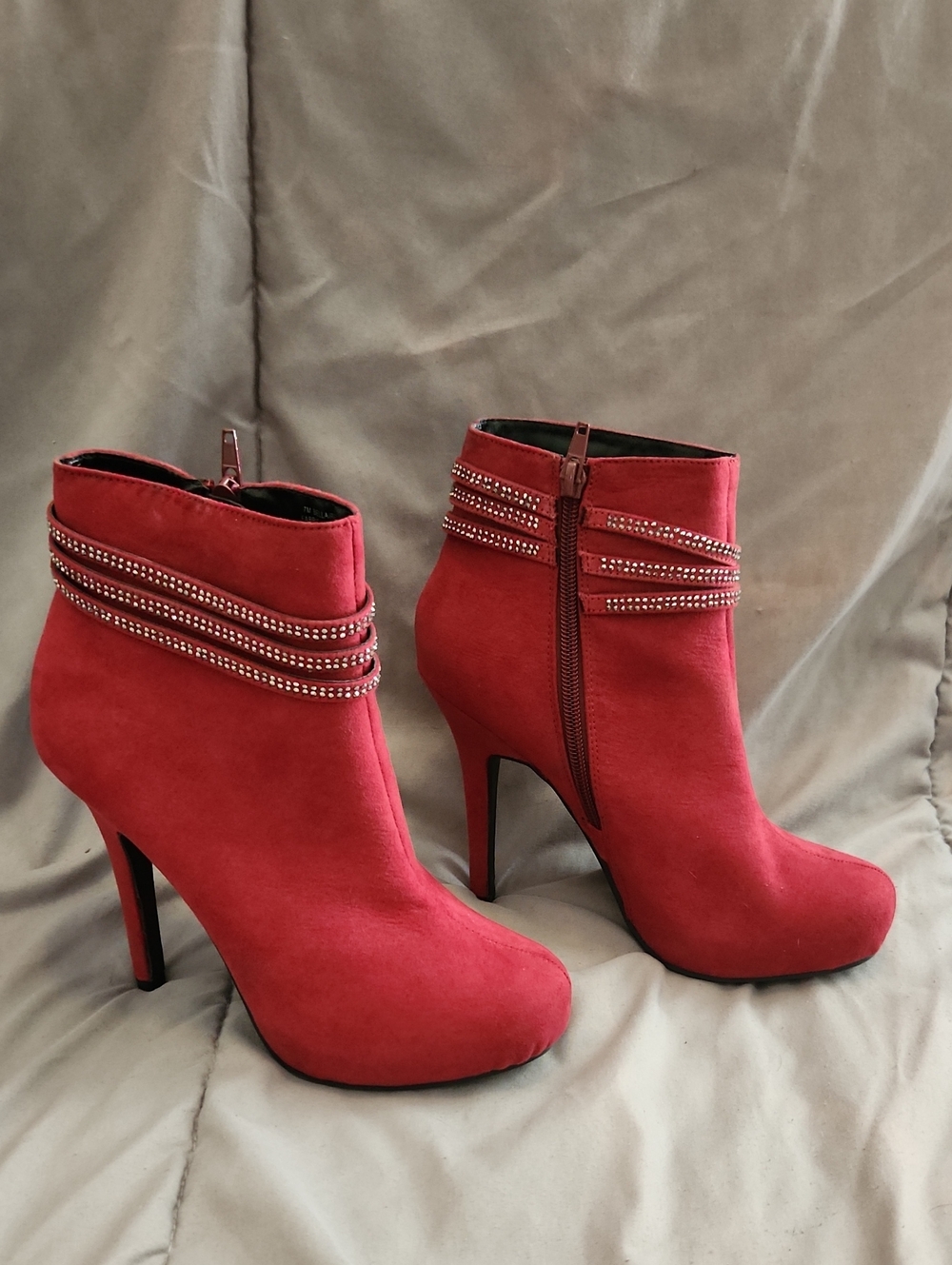 Red Suede Stiletto Ankle Booties with Rhinestone Straps